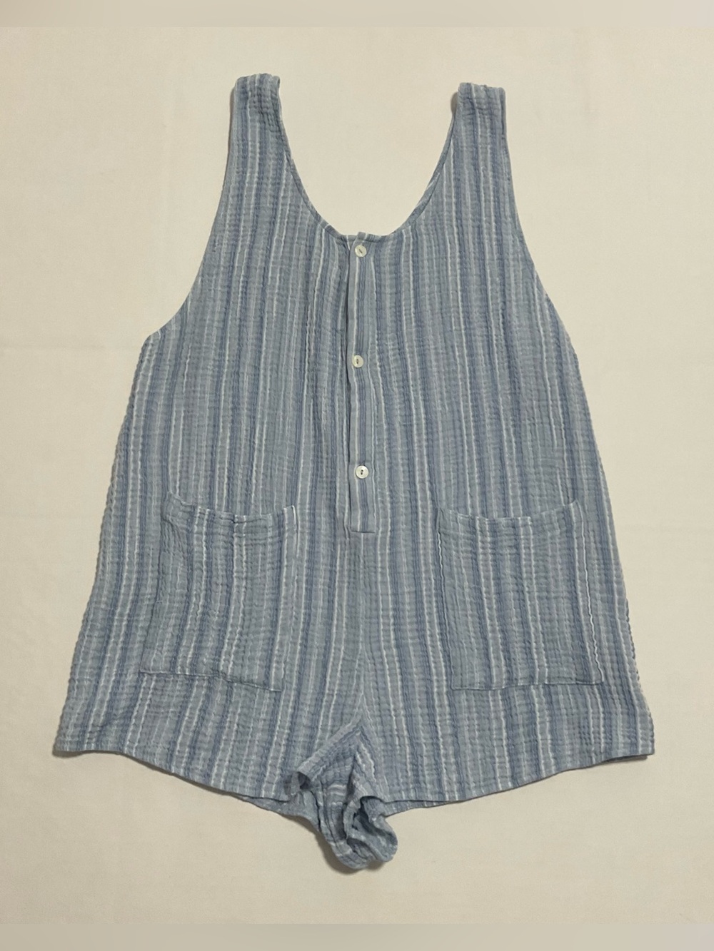 Xhilaration Romper Jrs M Gauze Sleeveless Blue Stripe Button Pocket Loungewear